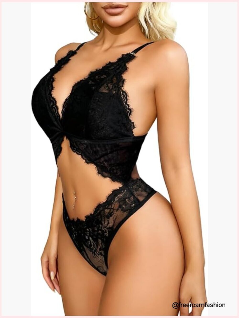 Sexy Lace Cut Out Bodysuit with Attached Thong One-Piece Lingerie